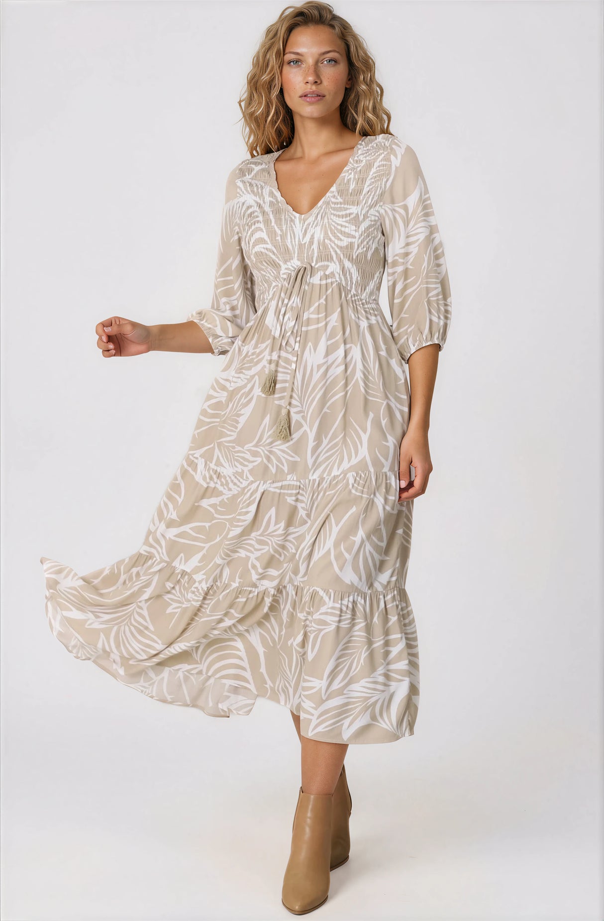 Jaden Midi Dress - Elasticated Bodice A-Line Dress in Jeani Print Beige