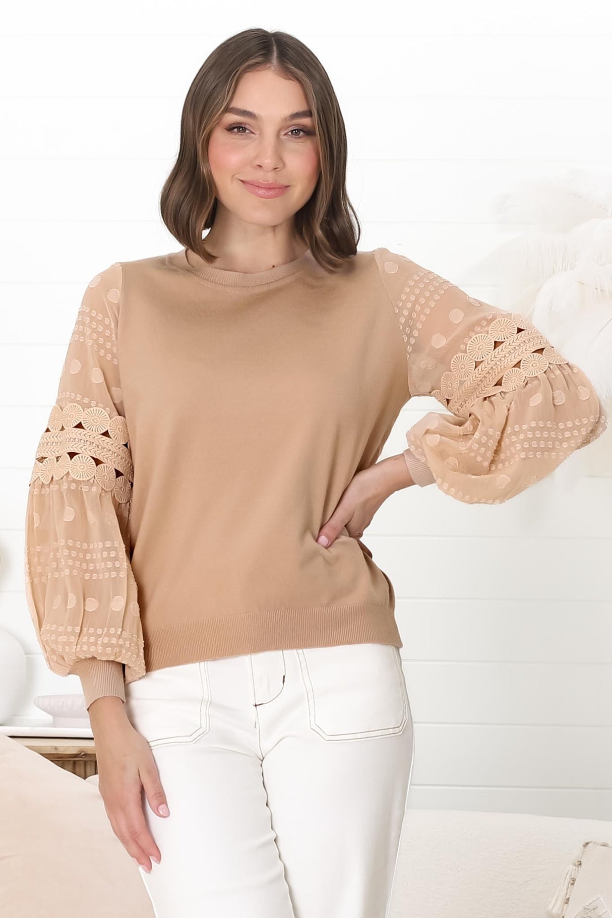 Falinda Knit Top - Crew Neck Lace Sleeve Knit in Beige