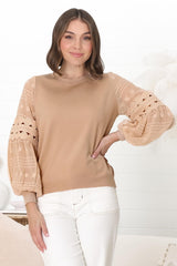 Falinda Knit Top - Crew Neck Lace Sleeve Knit in Beige