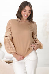 Falinda Knit Top - Crew Neck Lace Sleeve Knit in Beige