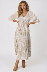 Jaden Midi Dress - Elasticated Bodice A-Line Dress in Jeani Print Beige