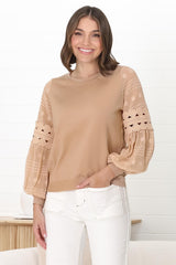 Falinda Knit Top - Crew Neck Lace Sleeve Knit in Beige