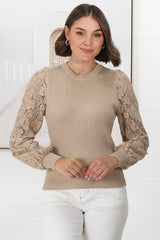 Larna Jumper - Knit Jumper with Lace Sleeves in Camel