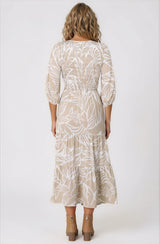 Jaden Midi Dress - Elasticated Bodice A-Line Dress in Jeani Print Beige