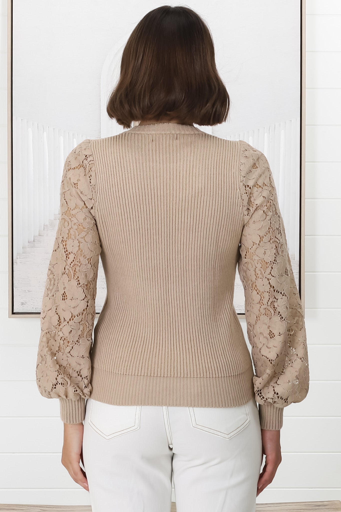 Larna Jumper - Knit Jumper with Lace Sleeves in Camel