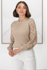 Larna Jumper - Knit Jumper with Lace Sleeves in Camel