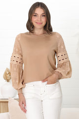 Falinda Knit Top - Crew Neck Lace Sleeve Knit in Beige