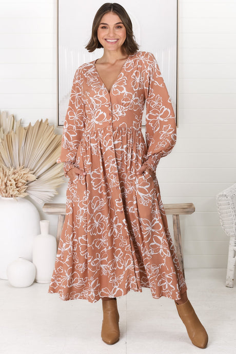 Jolie Midi Dress - V Neck Buttoned Down Long Sleeve Dress in Sharpay Print Peach