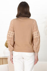 Falinda Knit Top - Crew Neck Lace Sleeve Knit in Beige