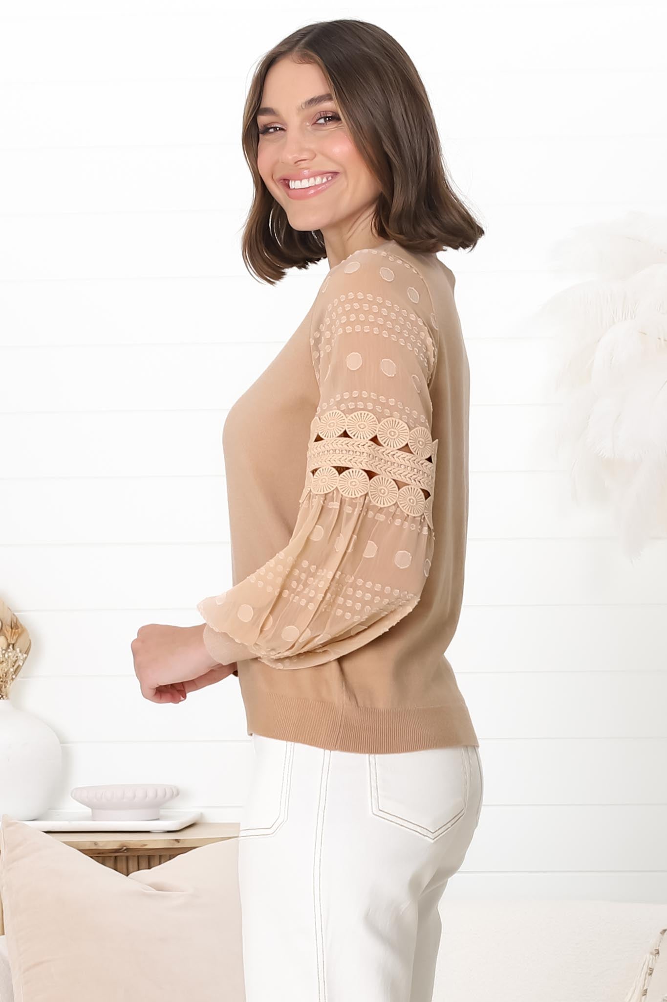 Falinda Knit Top - Crew Neck Lace Sleeve Knit in Beige