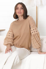 Falinda Knit Top - Crew Neck Lace Sleeve Knit in Beige