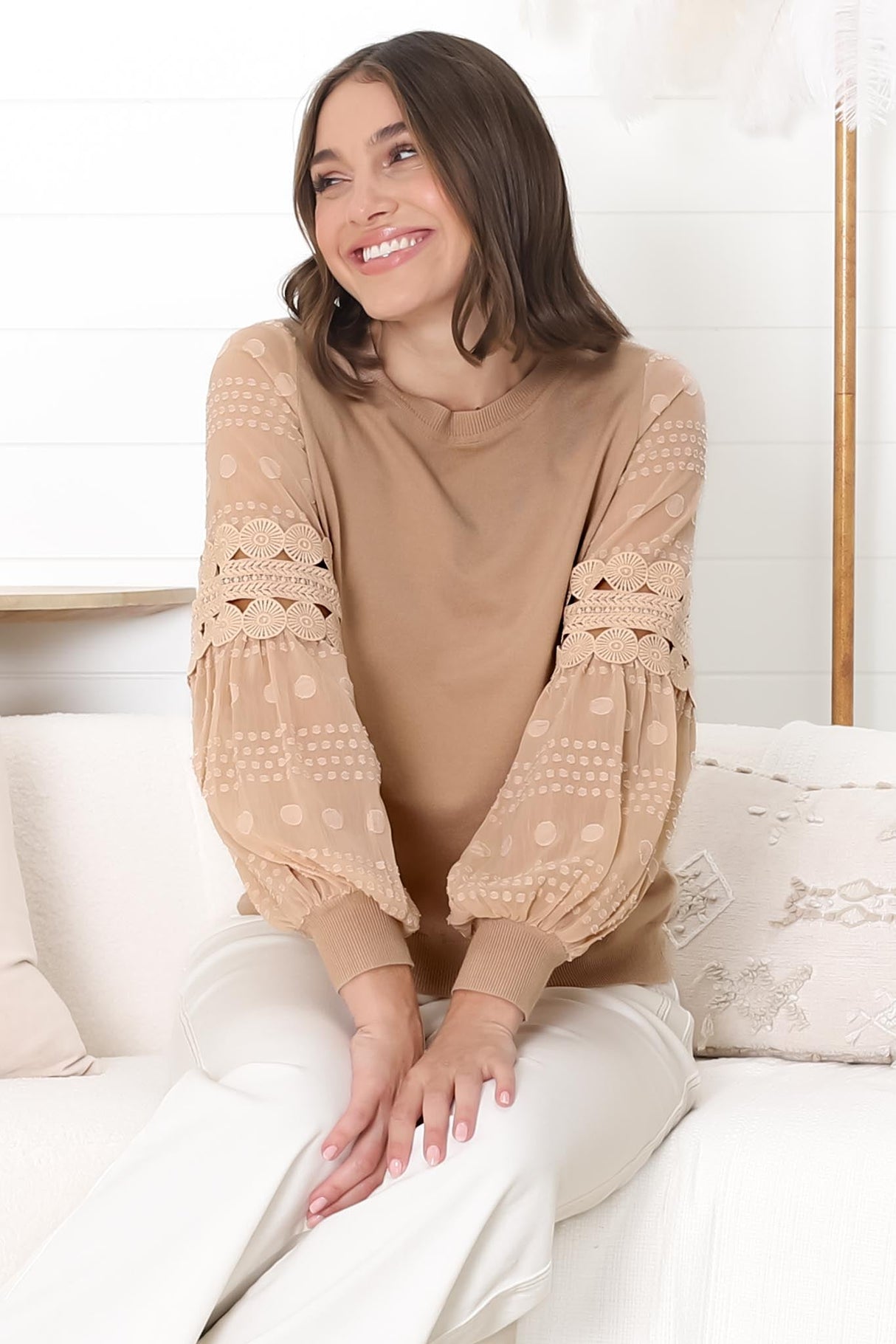 Falinda Knit Top - Crew Neck Lace Sleeve Knit in Beige