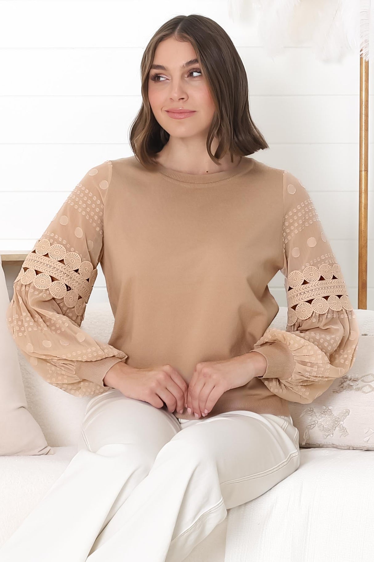 Falinda Knit Top - Crew Neck Lace Sleeve Knit in Beige