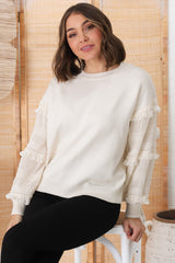 Louisa Knit Jumper - Long Sheer Lace Work Sleeve Jumper in Cream