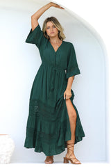 Kaely Maxi Dress - Delicate Lace Panel Detailed A Line Dress in Emerald