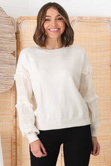 Louisa Knit Jumper - Long Sheer Lace Work Sleeve Jumper in Cream