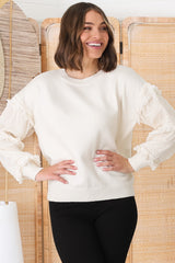 Louisa Knit Jumper - Long Sheer Lace Work Sleeve Jumper in Cream