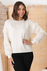 Louisa Knit Jumper - Long Sheer Lace Work Sleeve Jumper in Cream