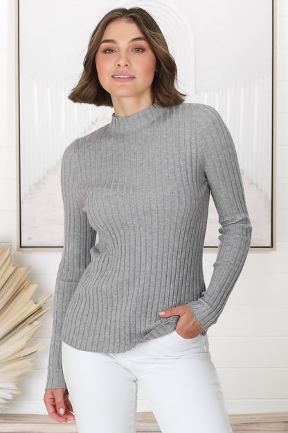 Hellen Knit Top - High Neck Raw Trim Ribbed Top in Grey