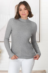 Hellen Knit Top - High Neck Raw Trim Ribbed Top in Grey