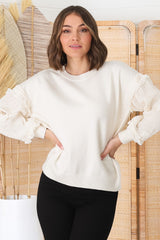 Louisa Knit Jumper - Long Sheer Lace Work Sleeve Jumper in Cream