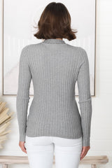 Hellen Knit Top - High Neck Raw Trim Ribbed Top in Grey