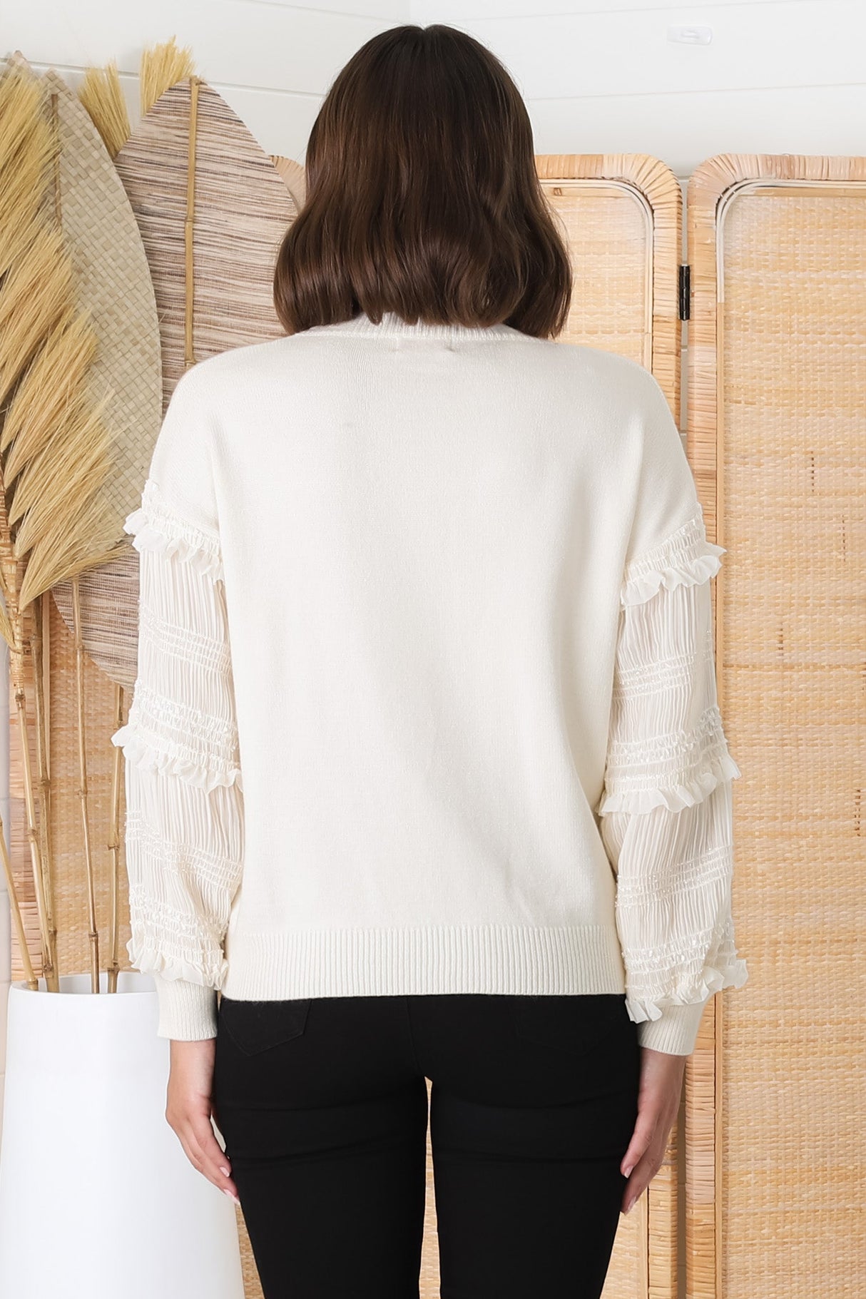 Louisa Knit Jumper - Long Sheer Lace Work Sleeve Jumper in Cream