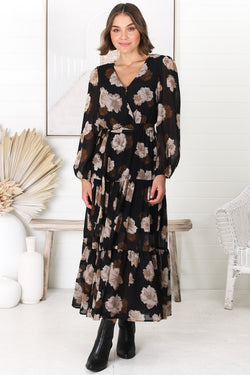 Valina Maxi Dress - Cross Over V Neckline Tiered Dress in Vika Print Black