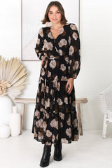 Valina Maxi Dress - Cross Over V Neckline Tiered Dress in Vika Print Black