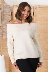 Angie Knit Jumper - Folded Off Shoulder Neckline Jumper in Cream