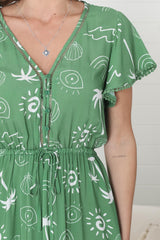 Kaida Midi Dress - Lattice Trim Detailed Buttoned Bodice A-Line Dress in Maui Print Green