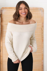 Angie Knit Jumper - Folded Off Shoulder Neckline Jumper in Cream