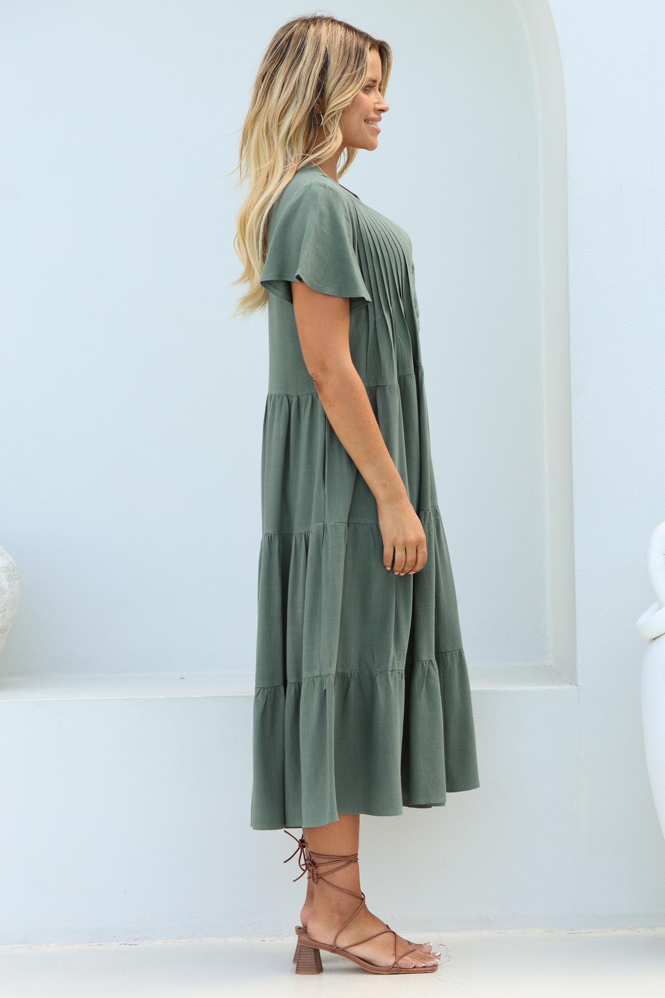 Peggy Midi Dress - Relaxed Mandarin Collar Pleated Bust Tiered Linen Dress in Green