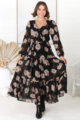 Valina Maxi Dress - Cross Over V Neckline Tiered Dress in Vika Print Black