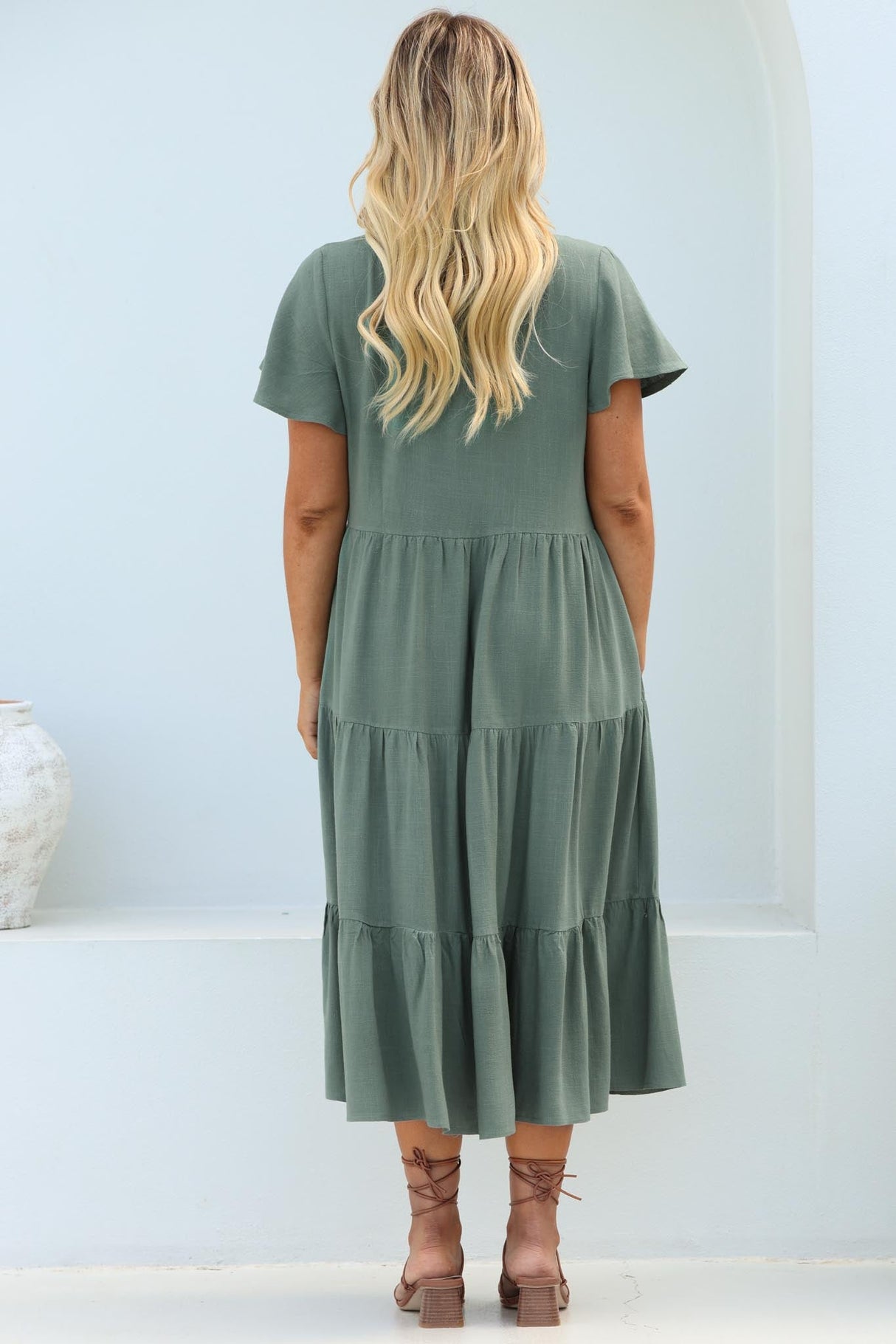 Peggy Midi Dress - Relaxed Mandarin Collar Pleated Bust Tiered Linen Dress in Green