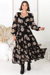 Valina Maxi Dress - Cross Over V Neckline Tiered Dress in Vika Print Black