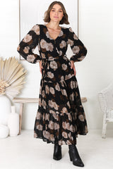 Valina Maxi Dress - Cross Over V Neckline Tiered Dress in Vika Print Black