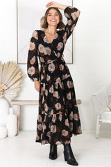 Valina Maxi Dress - Cross Over V Neckline Tiered Dress in Vika Print Black