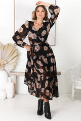 Valina Maxi Dress - Cross Over V Neckline Tiered Dress in Vika Print Black