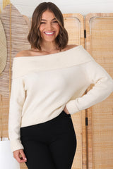 Angie Knit Jumper - Folded Off Shoulder Neckline Jumper in Cream