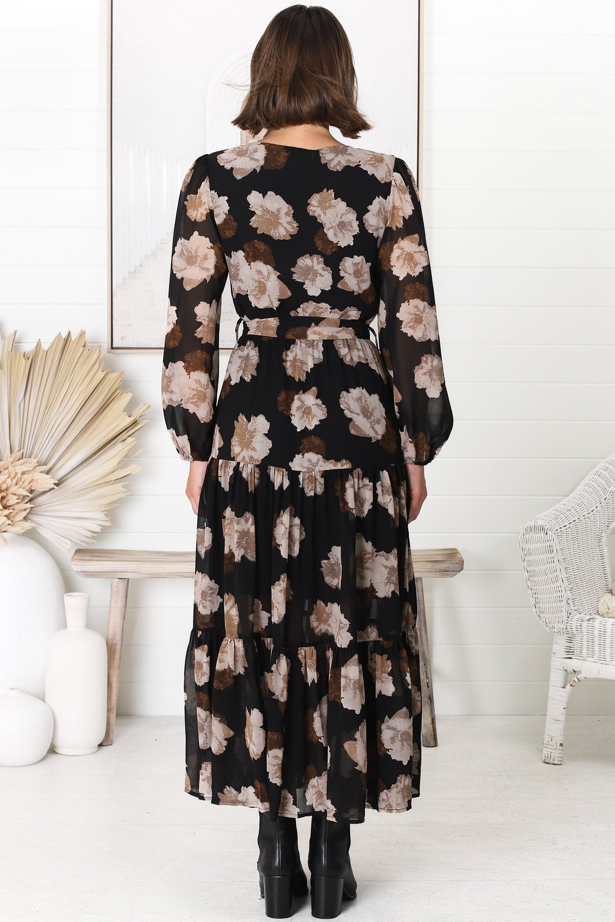 Valina Maxi Dress - Cross Over V Neckline Tiered Dress in Vika Print Black