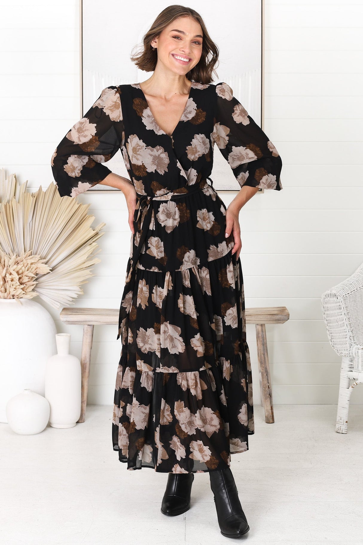 Valina Maxi Dress - Cross Over V Neckline Tiered Dress in Vika Print Black