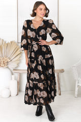 Valina Maxi Dress - Cross Over V Neckline Tiered Dress in Vika Print Black