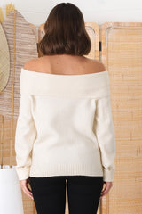 Angie Knit Jumper - Folded Off Shoulder Neckline Jumper in Cream