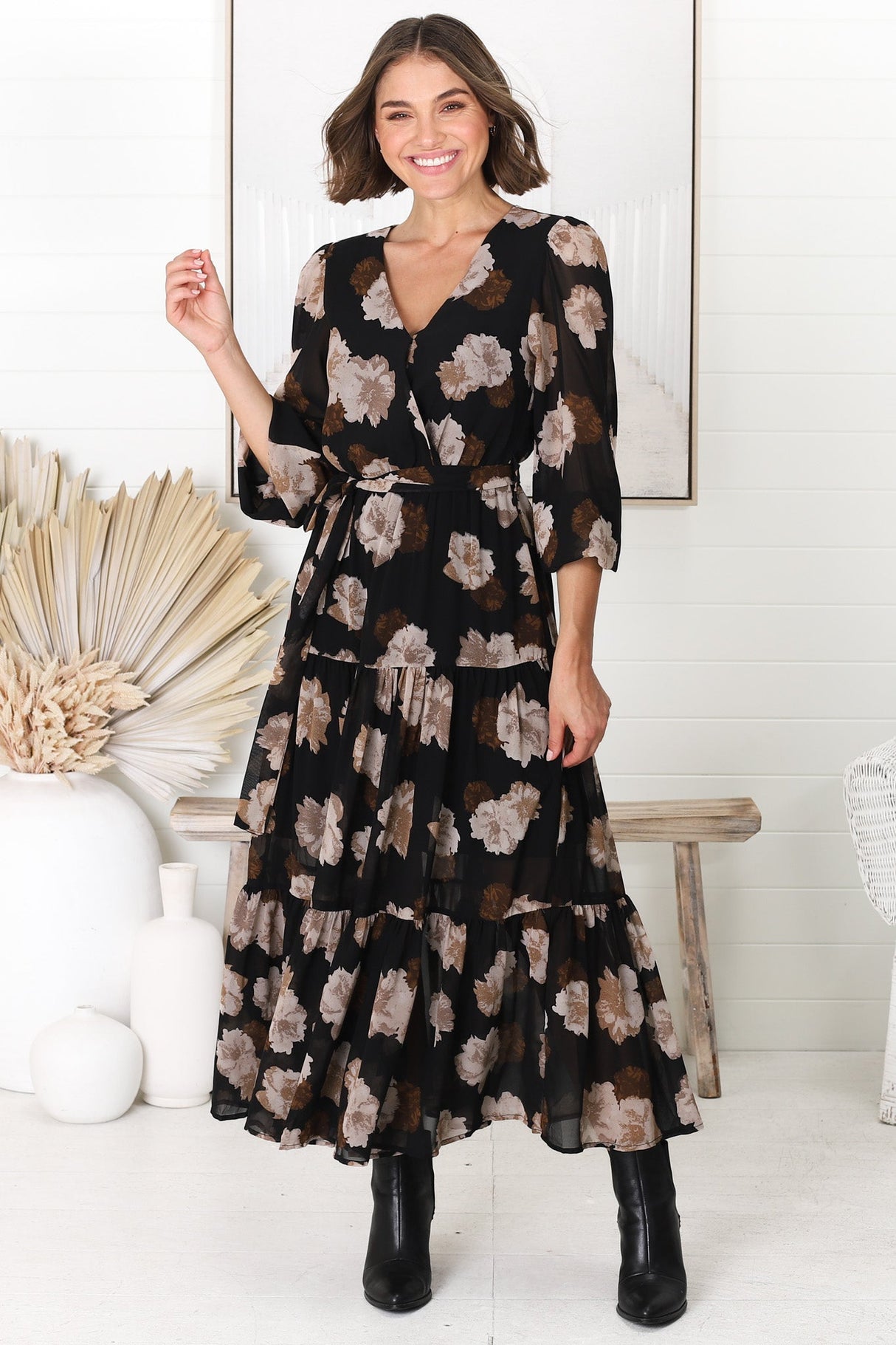 Valina Maxi Dress - Cross Over V Neckline Tiered Dress in Vika Print Black