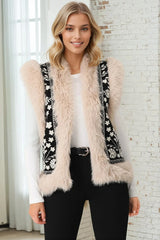 Wolfe Knit Vest - Faux Fur Trim Open Vest in Black