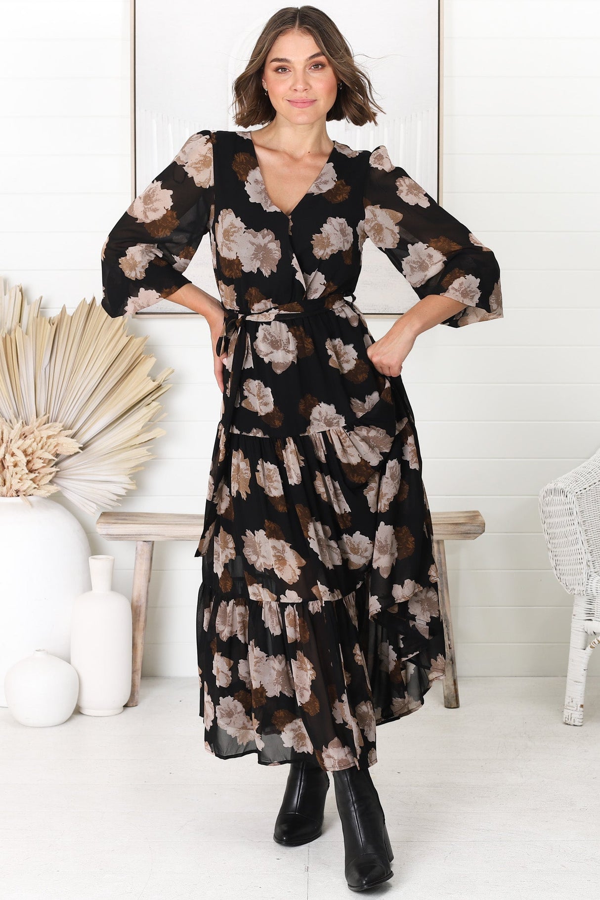 Valina Maxi Dress - Cross Over V Neckline Tiered Dress in Vika Print Black