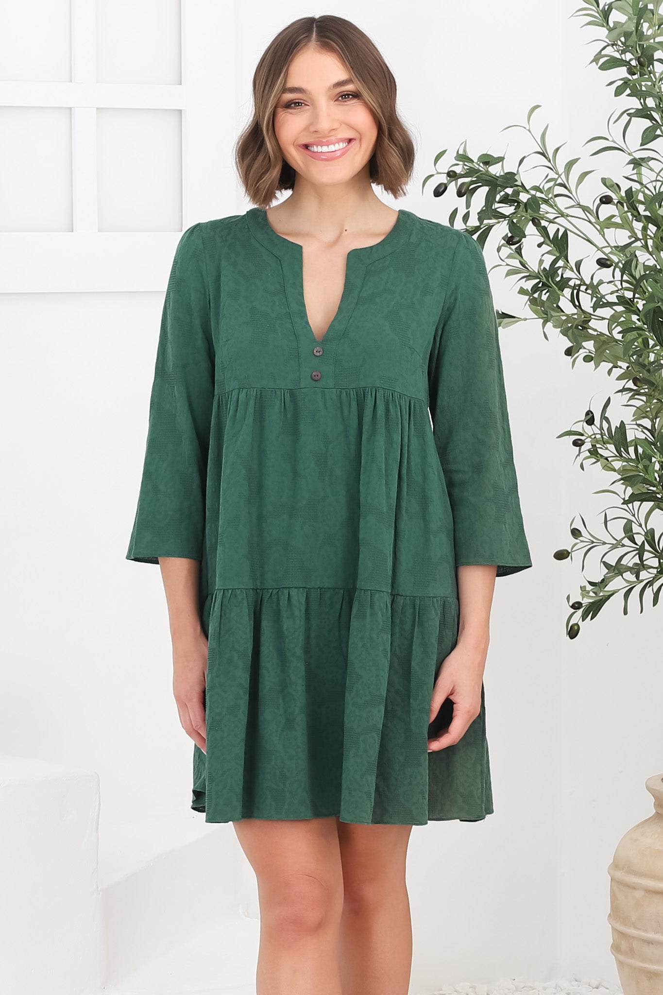 Deedi Mini Dress - Metalesse Cotton Smock Dress in Green