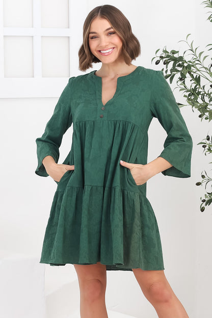 Deedi Mini Dress - Metalesse Cotton Smock Dress in Green