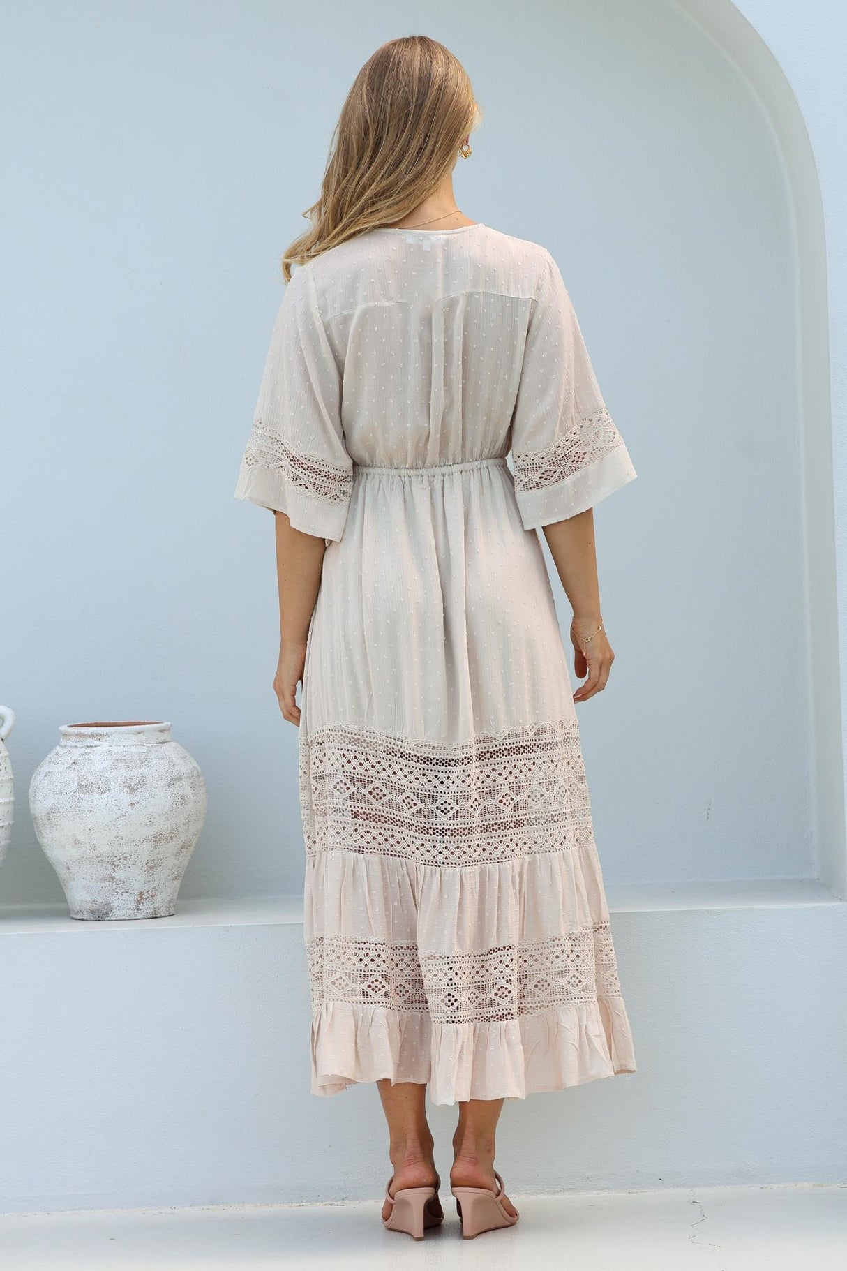 Kaely Maxi Dress - Delicate Lace Panel Detailed A Line Dress in Cream